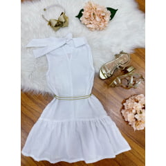 Vestido Infantil Crepinho Branco C/ Cinto de Cordão Festas