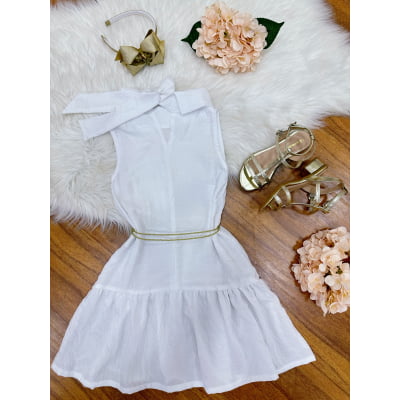 Vestido Infantil Crepinho Branco C/ Cinto de Cordão Casual Festas