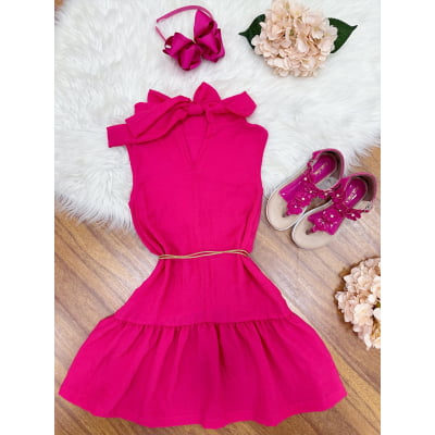 Vestido Infantil Crepinho Pink Com Cinto de Cordão Casual Festas