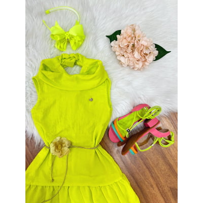Vestido Infantil Crepinho Verde Lima Cinto de Cordão Casual Festa