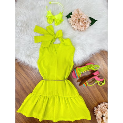 Vestido Infantil Crepinho Verde Lima Cinto de Cordão Casual Festa