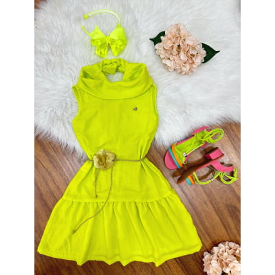Vestido Infantil Crepinho Verde Lima Cinto de Cordão Casual Festa