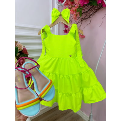 Vestido infantil Verde Lima Neon Strass no Busto e Laço Damas