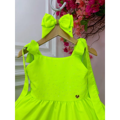 Vestido infantil Verde Lima Neon Strass no Busto e Laço Damas