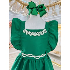 Vestido Infantil Verde Luxo Com Pérolas Festas Daminhas