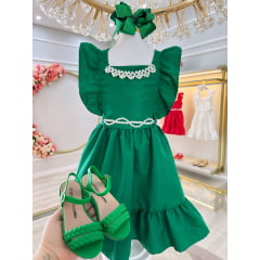 Vestido Infantil Verde Luxo Com Pérolas Festas Daminhas