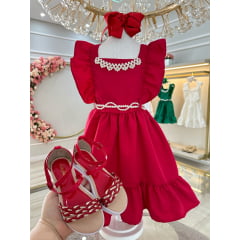 Vestido Infantil Vermelho Luxo Com Pérolas Festas Daminhas