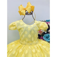 VESTIDO INFANTIL AMARELO BOLINHAS CINTO STRASS PÉROLAS LUXO
