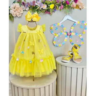 Vestido Infantil Amarelo Jardim Encantado C/ Apliques Festa