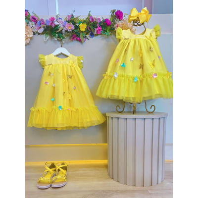 Vestido Infantil Amarelo Jardim Encantado C/ Apliques Festa