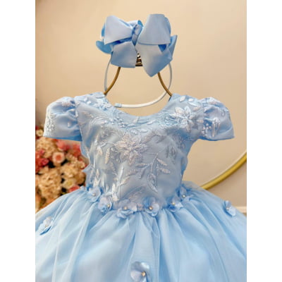 Vestido Infantil Azul C/ Renda Jardim Encantado Festas