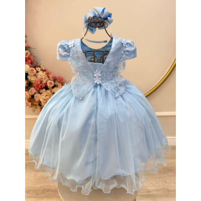 Vestido Infantil Azul C/ Renda Jardim Encantado Festas