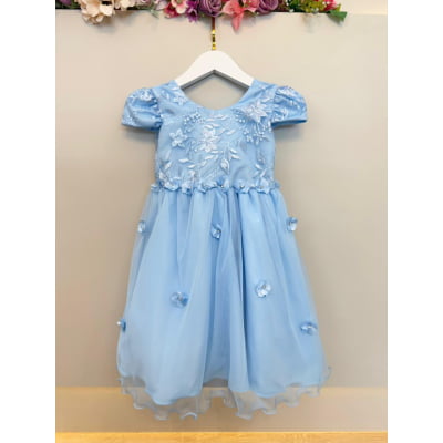 Vestido Infantil Azul C/ Renda Jardim Encantado Festas