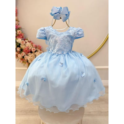 Vestido Infantil Azul C/ Renda Jardim Encantado Festas