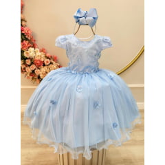 Vestido Infantil Azul Claro Com Renda Jardim Encantado