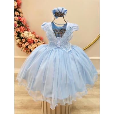 Vestido Infantil Azul Claro Com Renda Jardim Encantado