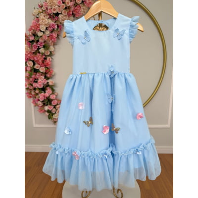 Vestido Infantil Azul Claro Jardim Encantado Apliques Festas