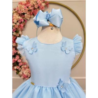Vestido Infantil Azul Claro Jardim Encantado Apliques Festas