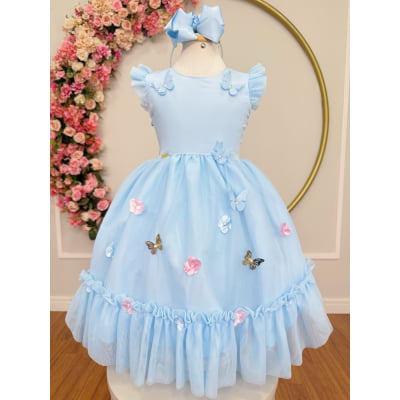Vestido Infantil Azul Claro Jardim Encantado c/Apliques Festas