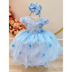 Vestido Infantil Azul Claro Jardim Encantado C/ Renda Luxo