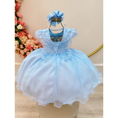 Vestido Infantil Azul Claro Jardim Encantado C/ Renda Luxo