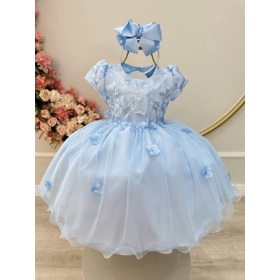 Vestido Infantil Azul Claro Jardim Encantado Com Renda Festas