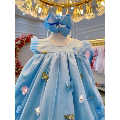 Vestido Infantil Azul Claro Jardim Encantado Luxo