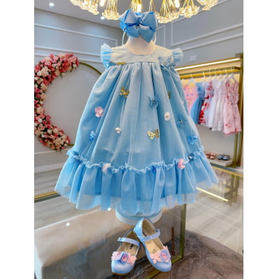 Vestido Infantil Azul Claro Jardim Encantado Luxo
