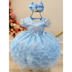 Vestido Infantil Azul Claro Jardim Encantado Saia C/ Babados