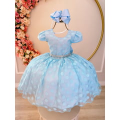 Vestido Infantil Azul Poá Com Cinto de Strass e Pérolas