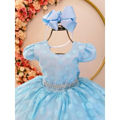 Vestido Infantil Azul Poá Com Cinto de Strass e Pérolas