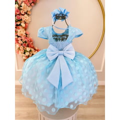 Vestido Infantil Azul Poá Com Cinto de Strass e Pérolas