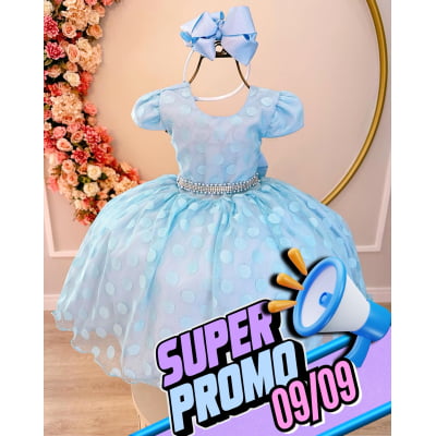Vestido Infantil Azul Poá Com Cinto de Strass e Pérolas