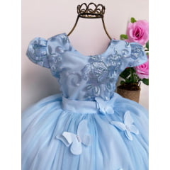 Vestido Infantil Azul Renda Aplique Borboletas Princesa