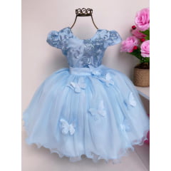 Vestido Infantil Azul Renda Aplique Borboletas Princesa