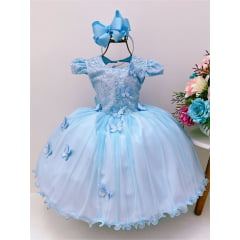 Vestido Infantil Azul Renda Luxo Aplique Borboletas