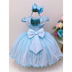 Vestido Infantil Azul Renda Luxo Aplique Borboletas