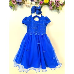 Vestido Infantil Azul Royal Jardim Encantado C/ Renda Festas