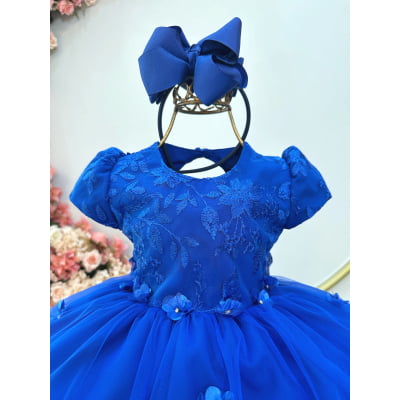 Vestido Infantil Azul Royal Jardim Encantado C/ Renda Festas