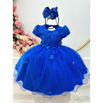Vestido Infantil Azul Royal Jardim Encantado C/ Renda Festas