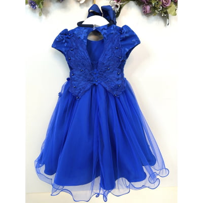 Vestido Infantil Azul Royal Jardim Encantado C/ Renda Festas