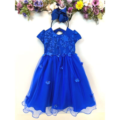 Vestido Infantil Azul Royal Jardim Encantado C/ Renda Festas