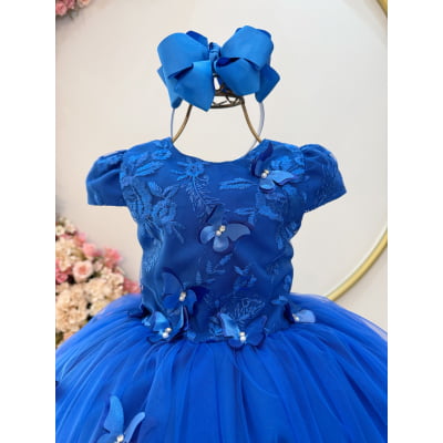 Vestido Infantil Azul Royal Renda C/ Borboletas Daminhas Luxo