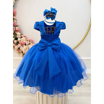 Vestido Infantil Azul Royal Renda C/ Borboletas Daminhas Luxo