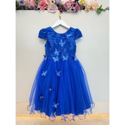 Vestido Infantil Azul Royal Renda C/ Borboletas Daminhas Luxo