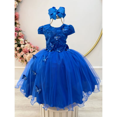 Vestido Infantil Azul Royal Renda C/ Borboletas Daminhas Luxo