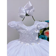 Vestido Infantil Branco C/ Renda Luxo C/ Aplique Flores