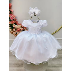 Vestido Infantil Branco Com Apliques e Renda Daminha Festas