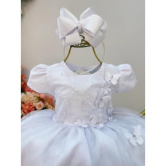 Vestido Infantil Branco Com Apliques e Renda Daminha Festas