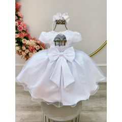 Vestido Infantil Branco Com Apliques e Renda Daminha Festas